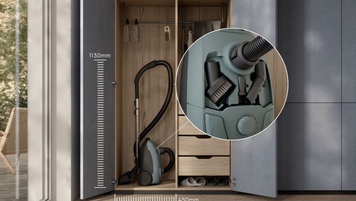 Prikaz sesalnika Electrolux v omari in slika shranjevanja v sesalniku od blizu.